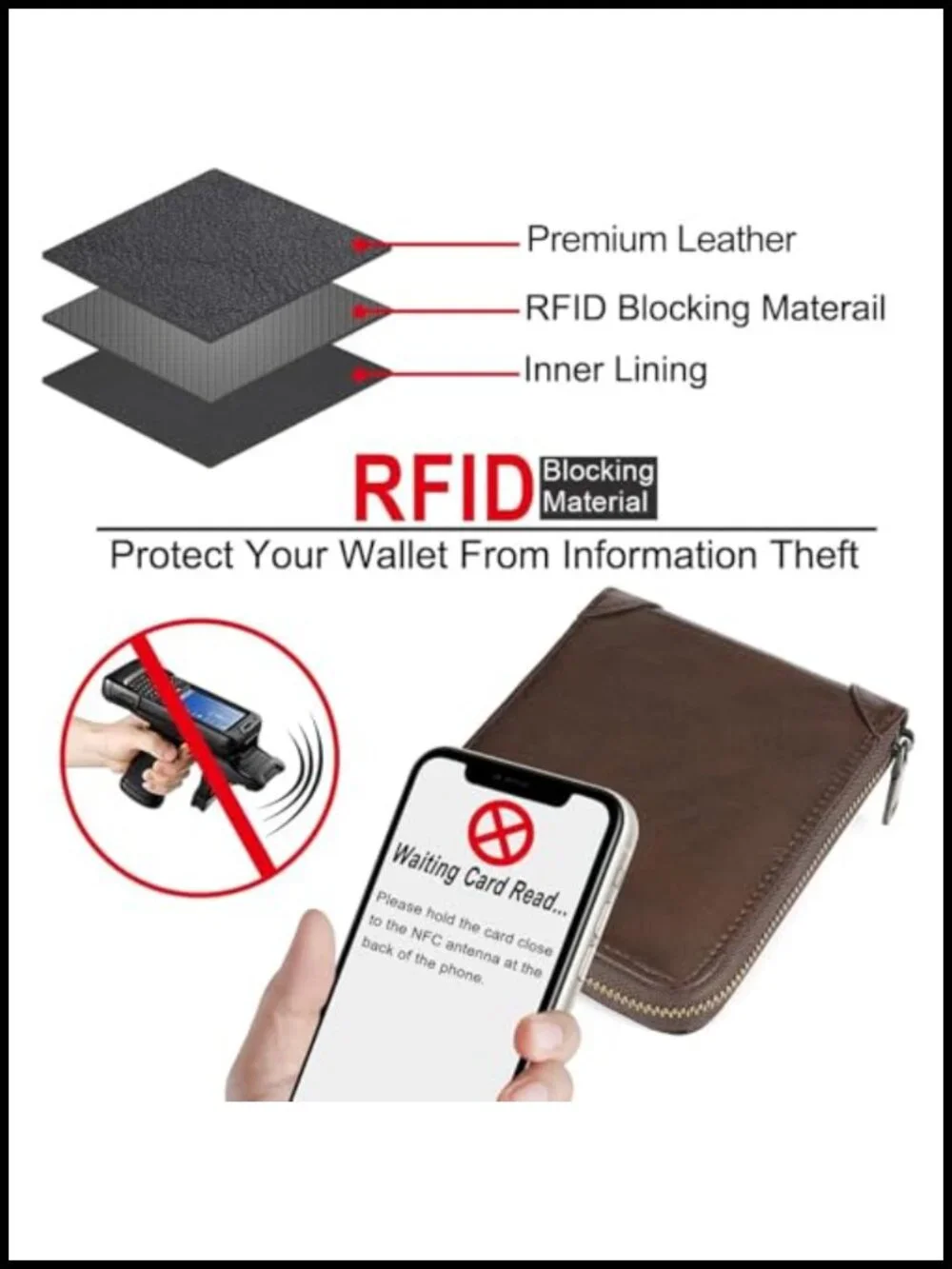 Vegan Leather RFID Blocking Zipper Bifold Wallet with ID Window Large Capacity